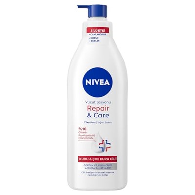 NIVEA Yoğun Nemlendirici Repair & Care Vücut Losyonu 400ml, 72 Saat Nemlendirime, Kaşıntılı ve Hassas Ciltlere Özel, Onarıcı, Gliserin,Pro Vitamin B5,Niasinamid,Kuru Ciltler