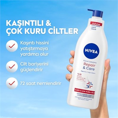 NIVEA Yoğun Nemlendirici Repair & Care Vücut Losyonu 400ml, 72 Saat Nemlendirime, Kaşıntılı ve Hassas Ciltlere Özel, Onarıcı, Gliserin,Pro Vitamin B5,Niasinamid,Kuru Ciltler