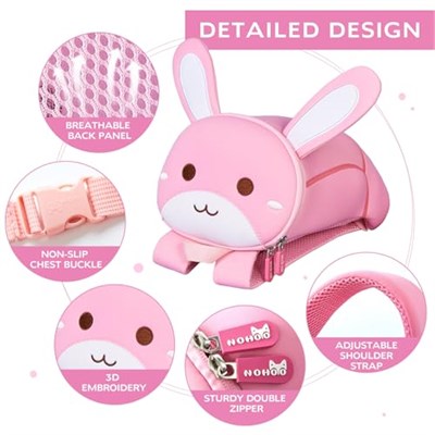 NOHOO Toddler Sırt Çantası Tasma, Mini Sevimli Karikatür Hayvan, Erkek Bebek Kız 3~6 Yaş için Su Geçirmez Seyahat Kitap Çantası, Pembe Tavşan, 3d Karikatür