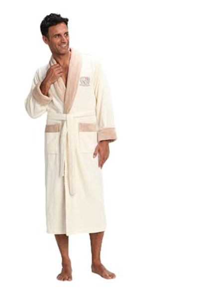 Nusa MEN Nakışlı Bambo Cotton Erkek Bornozu Krem L/XL
