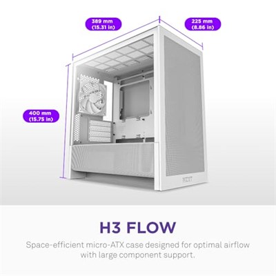 NZXT H3 Flow Micro-ATX PC Kasası, Optimize Edilmiş Hava Akışı, 1x 120mm Arka Fan Dahil, Tam Boyutlu GPU Desteği, 280mm Ön ve 240mm Üst Radyatör, Back-Connect Anakart Uyumluluğu, Beyaz