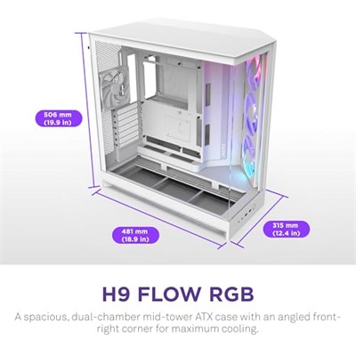 NZXT H9 Flow RGB (2025) – Büyük Çift Bölmeli ATX Mid-Tower Airflow Bilgisayar Kasası – 1 x 420 mm RGB Fan Birimi ve 1 x 120 mm Fan – 420 mm Radyatör Desteği – Sertleştirilmiş Cam – Beyaz | Önceden kur