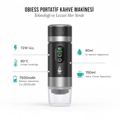 Obıess Taşınabilir Espresso Kahve Makinesi Siyah Şarjlı Kapsül ve Öğütülmüş Kahve ile Uyumlu V3