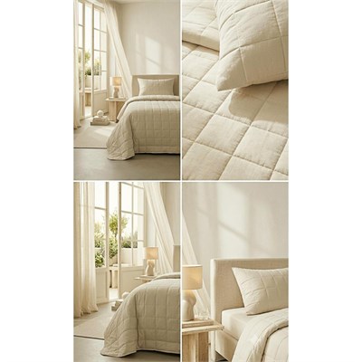 Ocean Home Textile %100 Pamuk Kumaş Kapitoneli Bej Çok Amaçlı Tek Kişilik Yatak Örtüsü Seti 1 Adet 180 X 230 / 1 Adet 50 X 70 Cm