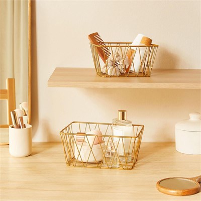 Ocean Home Textile 2li Altın Renk Metal Sepet Set 25 X 18.5 X 10.5 / 20.5 X 15.5 X 10 Cm