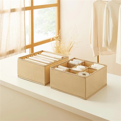 Ocean Home Textile 2li Bölmeli Bej Balıksırtı Çekmece İçi Düzenleyici Kutu Set