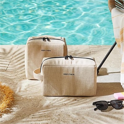 Ocean Home Textile 2li Termal Astarlı Su İtici Leke Tutmaz Jüt Keten Makyaj İlaç Çantası Seti 25 X 15 X 12.5 / 20 X 21 X 11 Cm