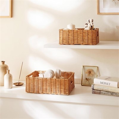 Ocean Home Textile 2li Yıkanabilir Bej Pp Rattan Sepet Set 30 X 20 X 11 / 36 X 26 X 12 Cm
