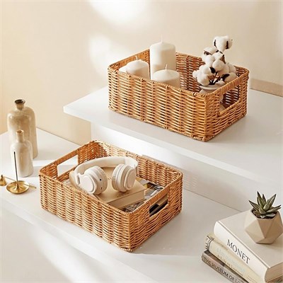 Ocean Home Textile 2li Yıkanabilir Bej Pp Rattan Sepet Set 30 X 20 X 11 / 36 X 26 X 12 Cm