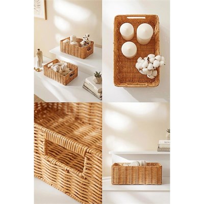 Ocean Home Textile 2li Yıkanabilir Bej Pp Rattan Sepet Set 30 X 20 X 11 / 36 X 26 X 12 Cm