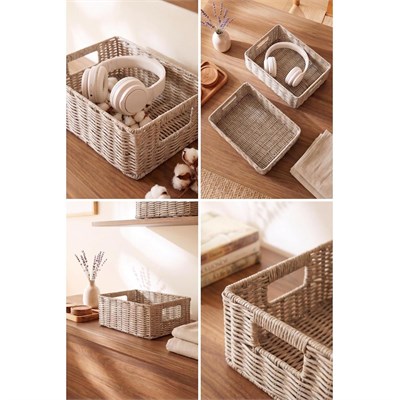 Ocean Home Textile 2li Yıkanabilir Gri Pp Rattan Sepet Set 30 X 20 X 11 / 36 X 26 X 12 Cm
