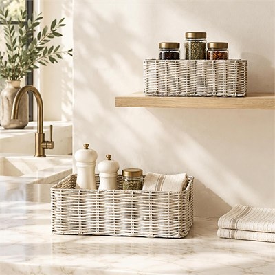 Ocean Home Textile 2li Yıkanabilir Gri Pp Rattan Sepet Set 30 X 20 X 11 / 36 X 26 X 12 Cm