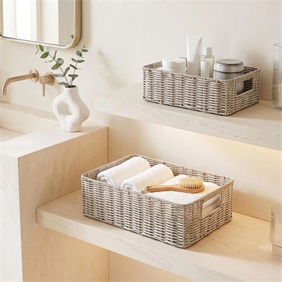 Ocean Home Textile 2li Yıkanabilir Gri Pp Rattan Sepet Set 30 X 20 X 11 / 36 X 26 X 12 Cm