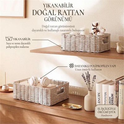Ocean Home Textile 2li Yıkanabilir Gri Pp Rattan Sepet Set 30 X 20 X 11 / 36 X 26 X 12 Cm