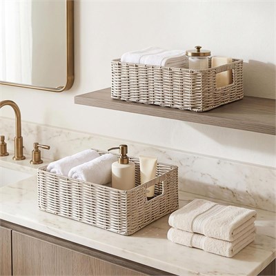 Ocean Home Textile 2li Yıkanabilir Gri Pp Rattan Sepet Set 33 X 23 X 11 / 39 X 29 X 13 Cm