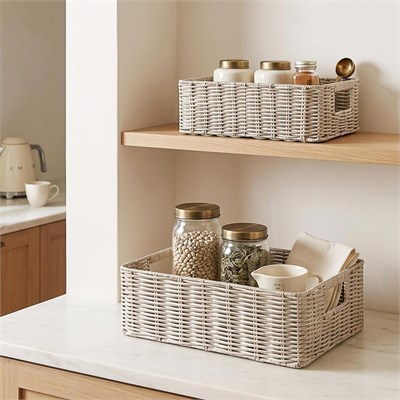 Ocean Home Textile 2li Yıkanabilir Gri Pp Rattan Sepet Set 33 X 23 X 11 / 39 X 29 X 13 Cm