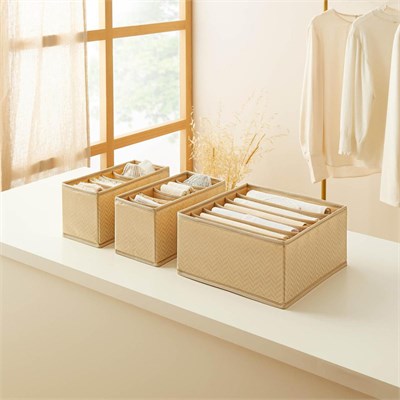 Ocean Home Textile 3lü 6 Bölmeli Bej Balıksırtı Çekmece İçi Düzenleyici Kutu Set