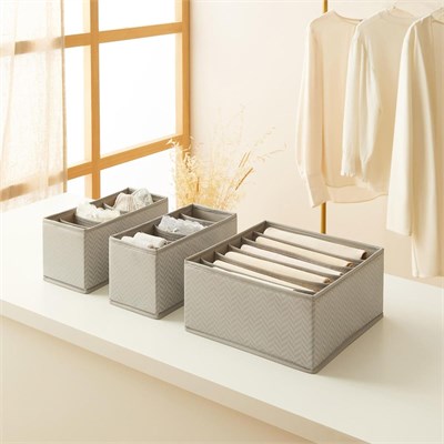 Ocean Home Textile 3lü 6 Bölmeli Gri Balıksırtı Çekmece İçi Düzenleyici Kutu Set