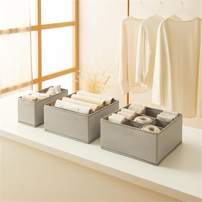 Ocean Home Textile 3lü Bölmeli Gri Balıksırtı Çekmece İçi Düzenleyici Kutu Set
