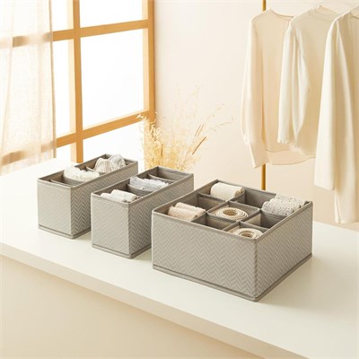 Ocean Home Textile 3lü Bölmeli Gri Balıksırtı Desenli Çekmece İçi Düzenleyici Kutu Set