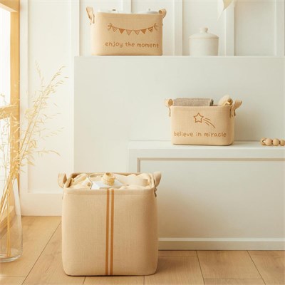 Ocean Home Textile 3lü Çocuk Odası Jüt Keten Kumaş Sepet Set 1 Adet 24 X 17 X 14 / 1 Adet 30 X 21 X 18 / 1 Adet 30 X 30 X 30 Cm