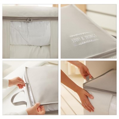 Ocean Home Textile 3lü Pvc Pencereli Stuff & Things Gri Çizgili Hurç Set