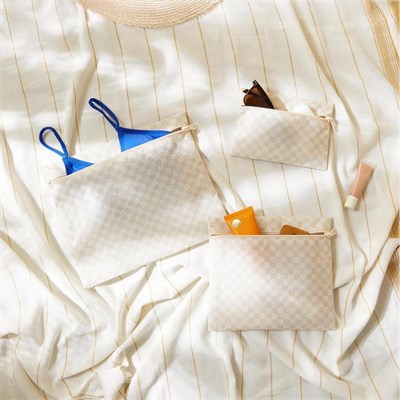 Ocean Home Textile 3lü Su Geçirmez Pvc Astarlı Bej Dama Desen Islak Kuru Çantası 20 X 13 / 24 X 20 / 30 X 24 Cm