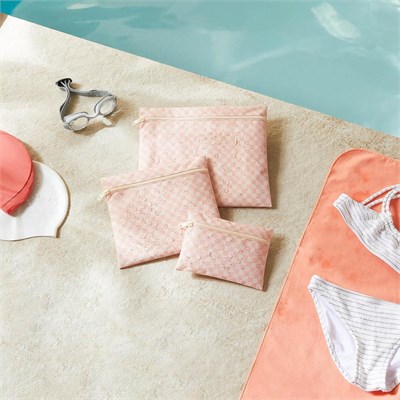 Ocean Home Textile 3lü Su Geçirmez Pvc Astarlı Pembe Dama Desen Islak Kuru Çantası 20 X 13 / 24 X 20 / 30 X 24 Cm