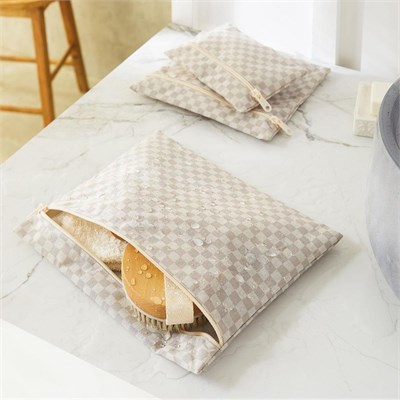 Ocean Home Textile 3lü Su Geçirmez Pvc Astarlı Gri Dama Desen Islak Kuru Çantası 20 X 13 / 24 X 20 / 30 X 24 Cm