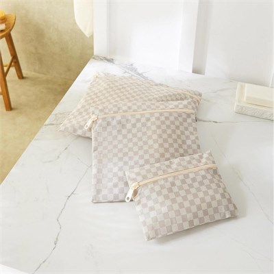 Ocean Home Textile 3lü Su Geçirmez Pvc Astarlı Gri Dama Desen Islak Kuru Çantası 20 X 13 / 24 X 20 / 30 X 24 Cm
