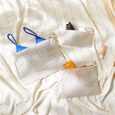 Ocean Home Textile 3lü Su Geçirmez Pvc Astarlı Gri Dama Desen Islak Kuru Çantası 20 X 13 / 24 X 20 / 30 X 24 Cm