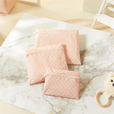 Ocean Home Textile 3lü Su Geçirmez Pvc Astarlı Pembe Dama Desen Islak Kuru Çantası 20 X 13 / 24 X 20 / 30 X 24 Cm