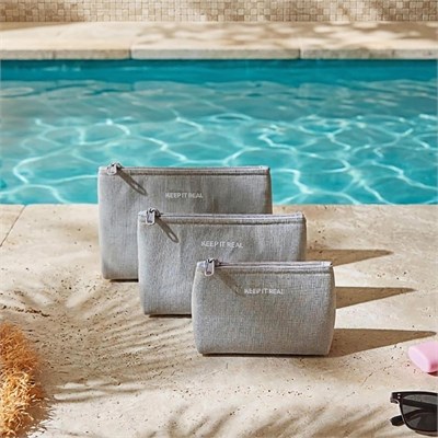 Ocean Home Textile 3lü Termal Astarlı Su İtici Leke Tutmaz Gri Renk Jüt Keten Makyaj İlaç Çantası Seti 15 X 11 X 6 / 19 X 13 X 7