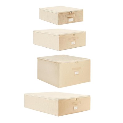 Ocean Home Textile 4lü Bej Balıksırtı Destekli Kutu Hurç Set 31 X 38 X 12 + 45 X 55 X 18 + 55 X 70 X 18 + 48 X 40 X 30 Cm