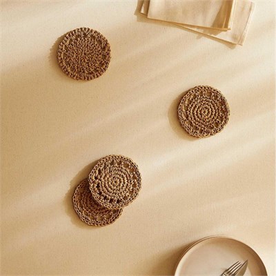 Ocean Home Textile 4lü Bej Renk Motifli Rafya Bardak Altlığı Ø 11 Cm