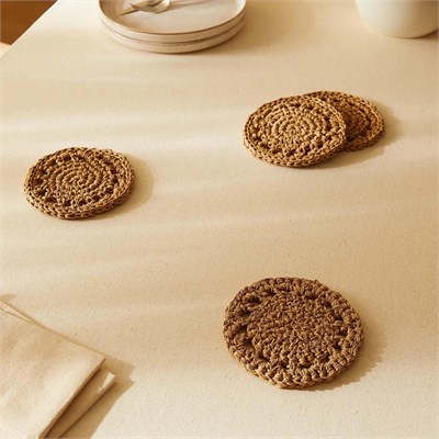 Ocean Home Textile 4lü Bej Renk Motifli Rafya Bardak Altlığı Ø 11 Cm