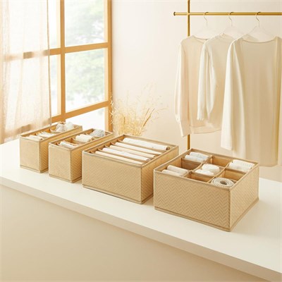 Ocean Home Textile 4lü Bölmeli Bej Balıksırtı Çekmece İçi Düzenleyici Kutu Set
