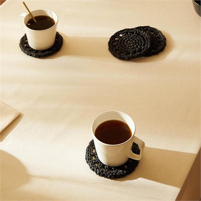 Ocean Home Textile 4lü Siyah Renk Motifli Rafya Bardak Altlığı Ø 11 Cm