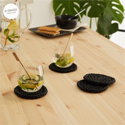 Ocean Home Textile 4lü Siyah Renk Rafya Bardak Altlığı Ø 11 Cm