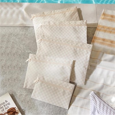 Ocean Home Textile 5li Su Geçirmez Pvc Astarlı Bej Dama Desen Islak Kuru Çanta Seti 20 X 13 / 24 X 20 / 30 X 24 / 28 X 30 / 30 X