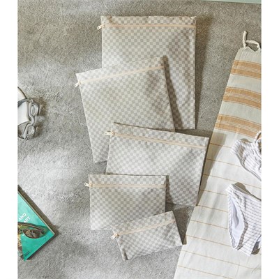 Ocean Home Textile 5li Su Geçirmez Pvc Astarlı Gri Dama Desen Islak Kuru Çanta Seti 20 X 13 / 24 X 20 / 30 X 24 / 28 X 30 / 30 X