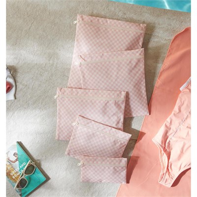 Ocean Home Textile 5li Su Geçirmez Pvc Astarlı Pembe Dama Desen Islak Kuru Çanta Seti 20 X 13 / 24 X 20 / 30 X 24 / 28 X 30 / 30