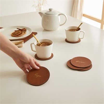 Ocean Home Textile 6lı Taba Renk Deri Bardak Altlığı Ø 10 Cm