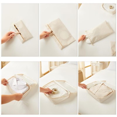 Ocean Home Textile 6lı Yıkanabilir Bej Dama Desen Pamuklu Bavul İçi Düzenleyici Set