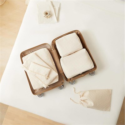 Ocean Home Textile 6lı Yıkanabilir Bej Dama Desen Pamuklu Bavul İçi Düzenleyici Set