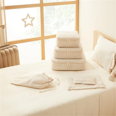 Ocean Home Textile 6lı Yıkanabilir Bej Dama Desen Pamuklu Bavul İçi Düzenleyici Set