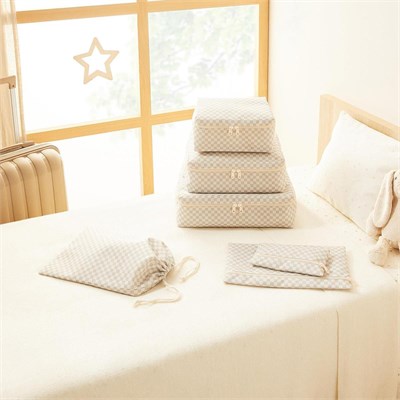 Ocean Home Textile 6lı Yıkanabilir Gri Dama Desen Pamuklu Bavul İçi Düzenleyici Set