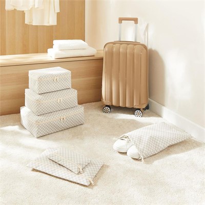 Ocean Home Textile 6lı Yıkanabilir Gri Dama Desen Pamuklu Bavul İçi Düzenleyici Set