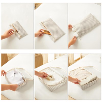 Ocean Home Textile 6lı Yıkanabilir Gri Dama Desen Pamuklu Bavul İçi Düzenleyici Set