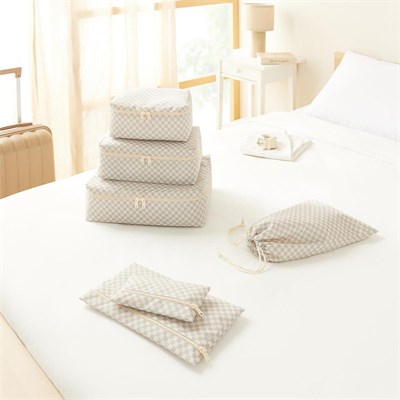 Ocean Home Textile 6lı Yıkanabilir Gri Dama Desen Pamuklu Bavul İçi Düzenleyici Set
